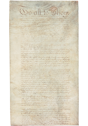 Six sheets of parchment stitched together. The last sheet bears the signatures of delegates from all 13 states.