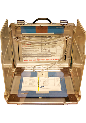 election ballot box with cream colored plastic sides and a punch hold ballot