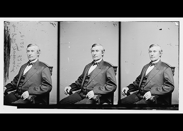 Glass negative of three different frames of similar seated portrait of Jacob Merritt Howard Hon., 1854. Annotation from negative scratched into the emulsion.