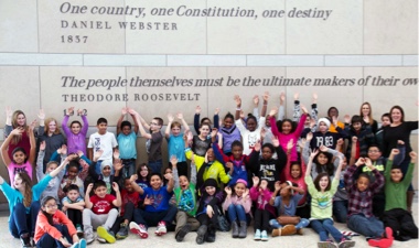 Students gathered in the National Constitution Center entry hall