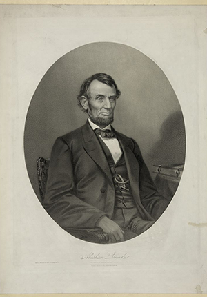 Lithography by Joseph Baker of Abraham Lincoln, half-length portrait, seated, 1865.